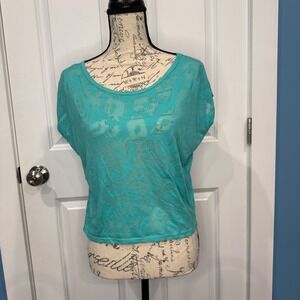 Kirra Womens Teal Turquoise Burnout Animal Print Boxy Crop T-Shirt Size XS